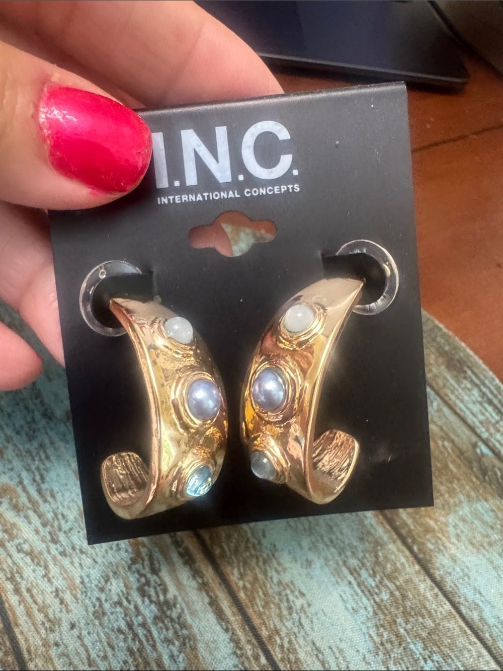 NEW I.N.C. Gold Hoop Earrings with Cabochon Accents